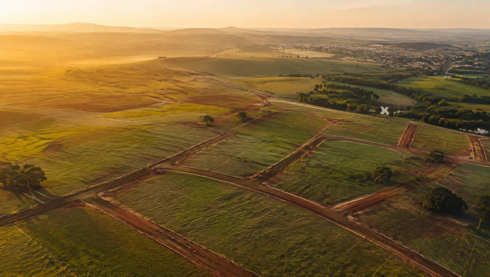 Vista aérea de terreno com ruas sendo abertas